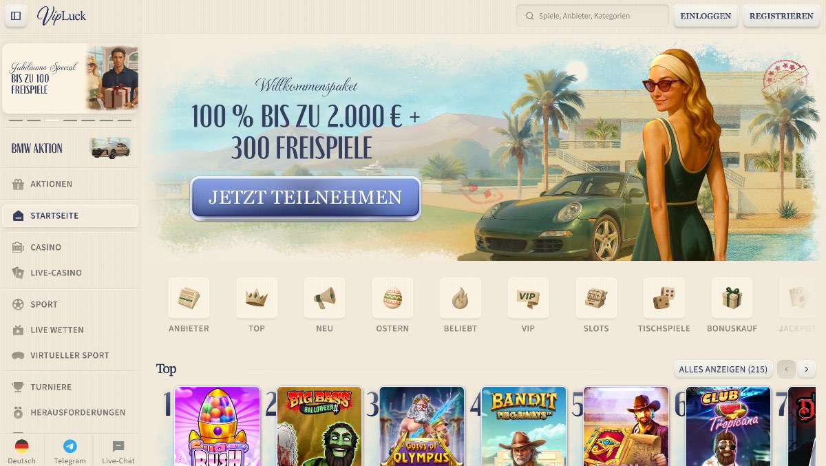 Vipluck vereint Casino und Sportwetten bequem in einem einzigen Konto als hochwertiges Casinos ohne OASIS und belohnt loyale Kunden mit einem starken VIP-Cashback von bis zu 15 %.